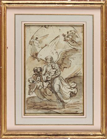 ITALIAN SCHOOL, 18TH CENTURY An Angel with the Blessing Christ Child, Holding a Palm Frond, Surrounded by other Angels.